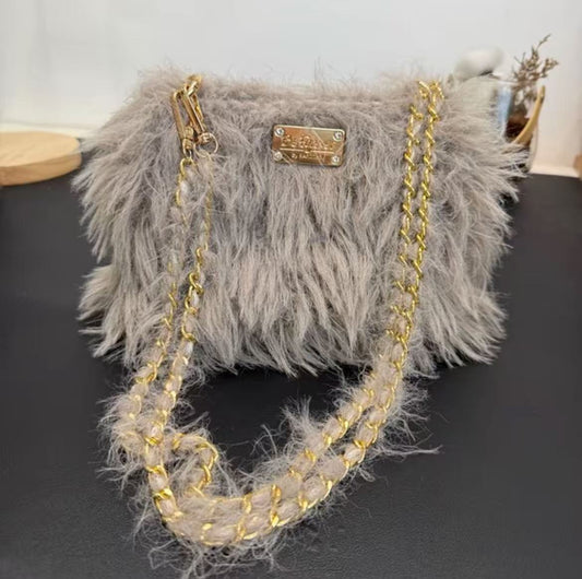 DIY Crochet Fluffy Bag Material Kit,DIY Kit for making a Purse, Crochet Kit, Eco-friendly faux fur yarn, hand-crocheted bag materials and tools