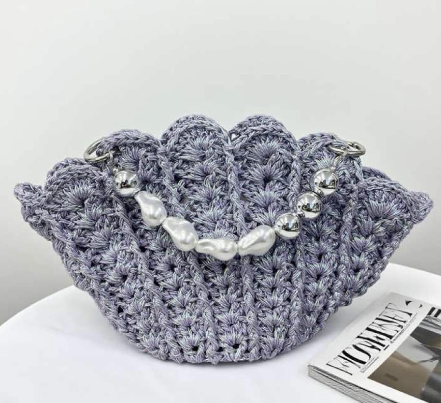 Crochet Bag Shimmering core-spun yarn, DIY kit for making a seashell-shaped bag (handbag, shoulder bag, crossbody bag), crochet kit