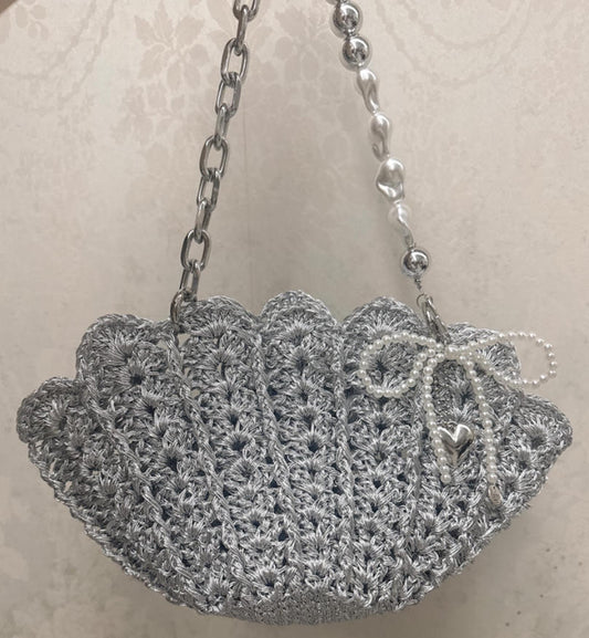Crochet Bag Shimmering core-spun yarn, DIY kit for making a seashell-shaped bag (handbag, shoulder bag, crossbody bag), crochet kit