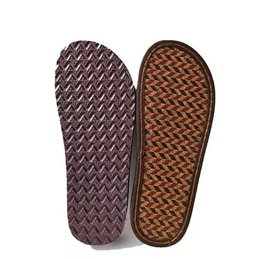 Top and bottom view of DIY rattan slipper soles showing the woven straw insole and the 2.5cm non-slip wave-patterned PVC outsole.
