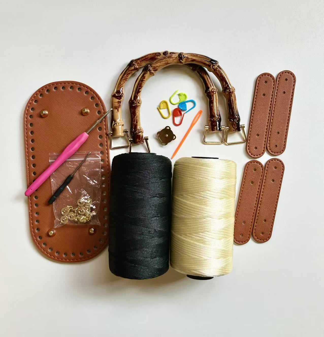 Easy DIY Bamboo Handle Crochet Bag Kit for Beginners | One-Stitch Complete Handbag Craft Pack with Mercerized Yarn, PU Leather Base & Free Video Guide