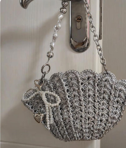 Crochet Bag Shimmering core-spun yarn, DIY kit for making a seashell-shaped bag (handbag, shoulder bag, crossbody bag), crochet kit