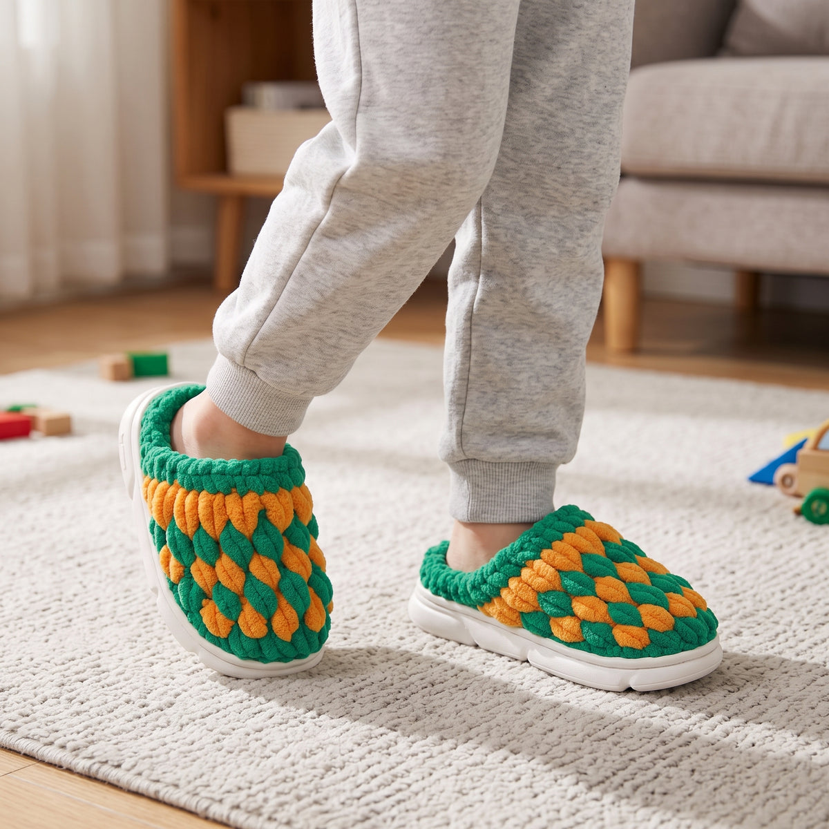 DIY Kids Crochet Slippers Kit – Two-Tone Chunky Chenille Winter House Shoes with EVA Soles