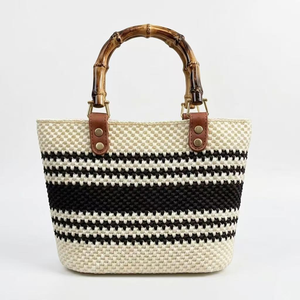 Easy DIY Bamboo Handle Crochet Bag Kit for Beginners | One-Stitch Complete Handbag Craft Pack with Mercerized Yarn, PU Leather Base & Free Video Guide