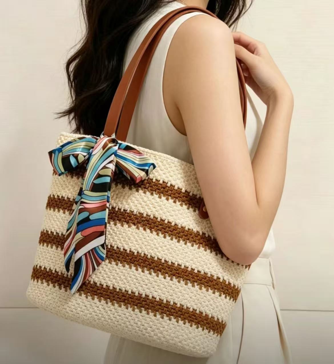 Handmade crocheted tote bag, DIY kit, Crochet kit,DIY Purse Hand-Knitting Material Kit Striped Crochet Tote Bag Kit for Beginners – Complete DIY Crochet Bag Kit with Yarn, Hook, Base & Video Tutorial