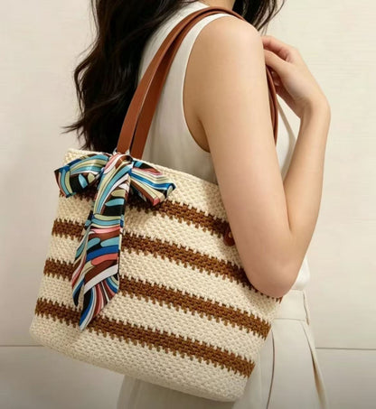 Handmade crocheted tote bag, DIY kit, Crochet kit,DIY Purse Hand-Knitting Material Kit Striped Crochet Tote Bag Kit for Beginners – Complete DIY Crochet Bag Kit with Yarn, Hook, Base & Video Tutorial