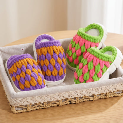 DIY Kids Crochet Slippers Kit – Two-Tone Chunky Chenille Winter House Shoes with EVA Soles