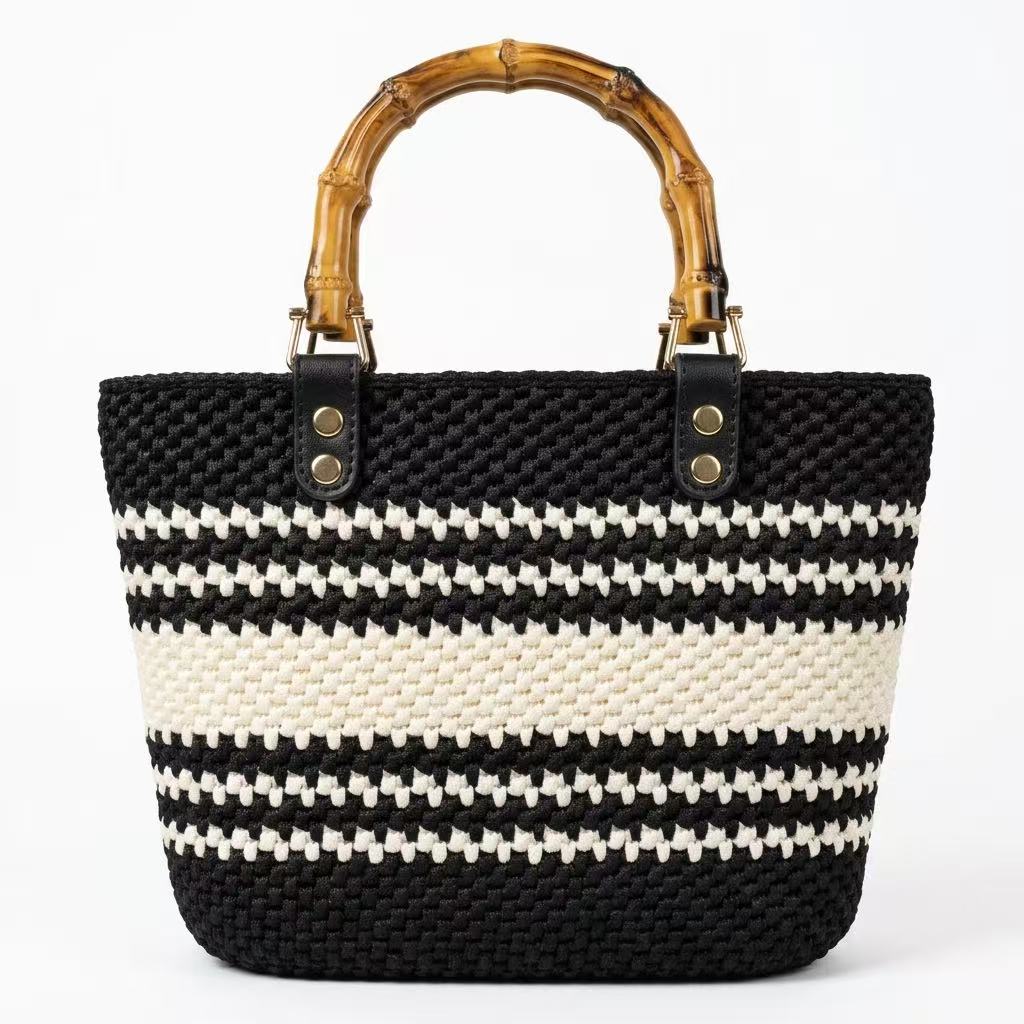 Easy DIY Bamboo Handle Crochet Bag Kit for Beginners | One-Stitch Complete Handbag Craft Pack with Mercerized Yarn, PU Leather Base & Free Video Guide