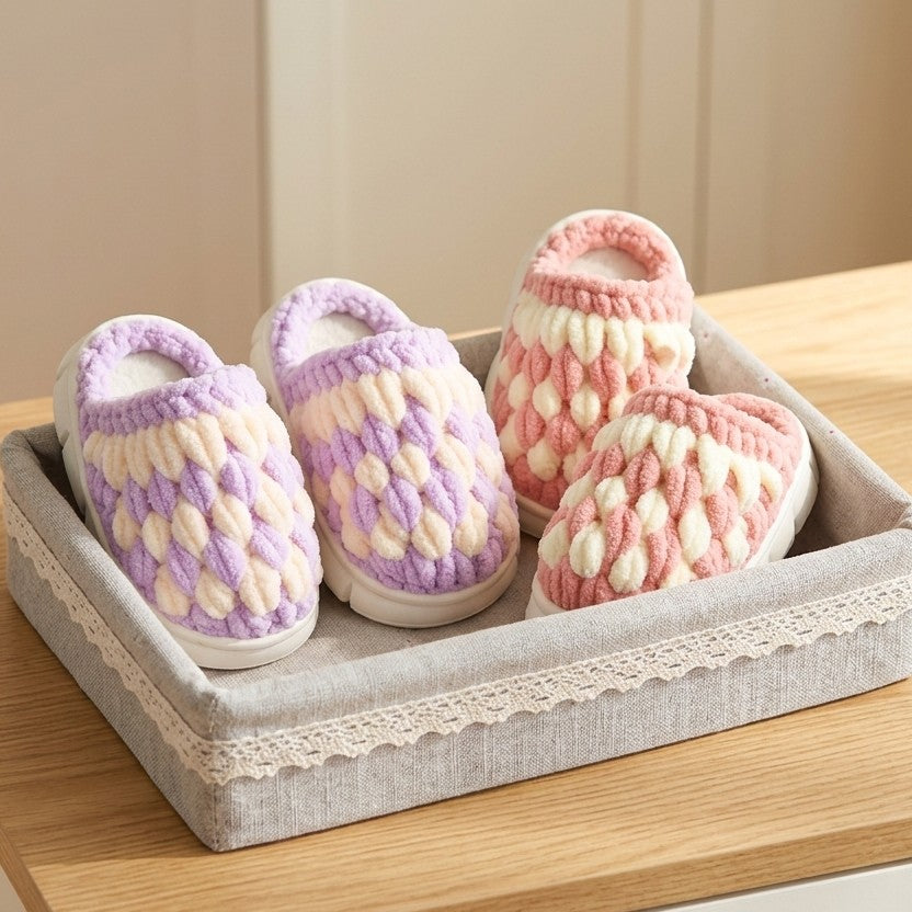 DIY Kids Crochet Slippers Kit – Two-Tone Chunky Chenille Winter House Shoes with EVA Soles