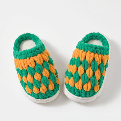 DIY Kids Crochet Slippers Kit – Two-Tone Chunky Chenille Winter House Shoes with EVA Soles