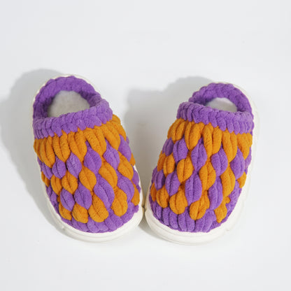 DIY Kids Crochet Slippers Kit – Two-Tone Chunky Chenille Winter House Shoes with EVA Soles