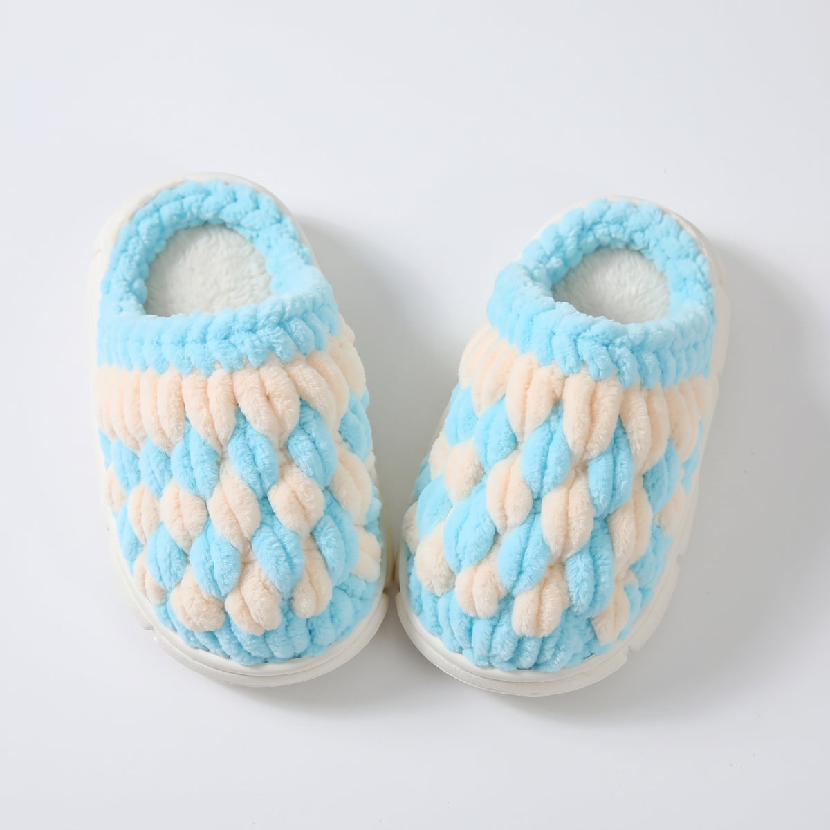 DIY Kids Crochet Slippers Kit – Two-Tone Chunky Chenille Winter House Shoes with EVA Soles