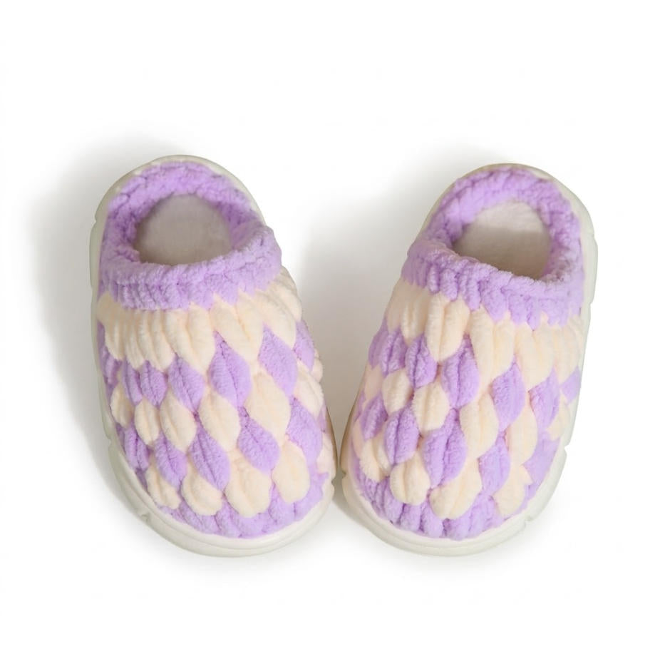 DIY Kids Crochet Slippers Kit – Two-Tone Chunky Chenille Winter House Shoes with EVA Soles