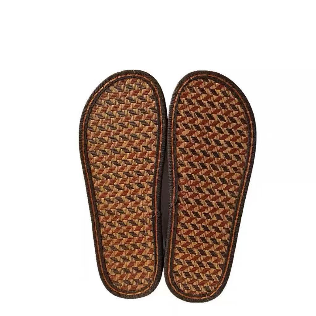 Pair of eco-friendly woven straw insoles on durable PVC soles for DIY crochet house slippers and sandals.