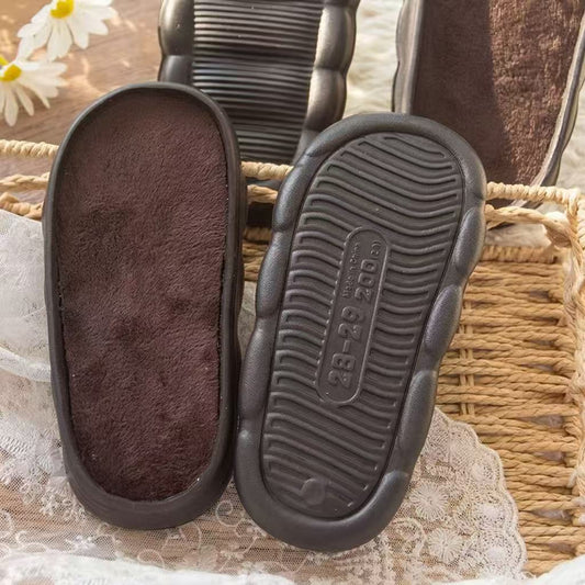 Kids dark brown EVA shoe bases with cozy fleece plush lining for handmade DIY house shoes.