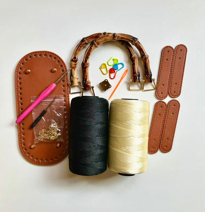 Easy DIY Bamboo Handle Crochet Bag Kit for Beginners | One-Stitch Complete Handbag Craft Pack with Mercerized Yarn, PU Leather Base & Free Video Guide